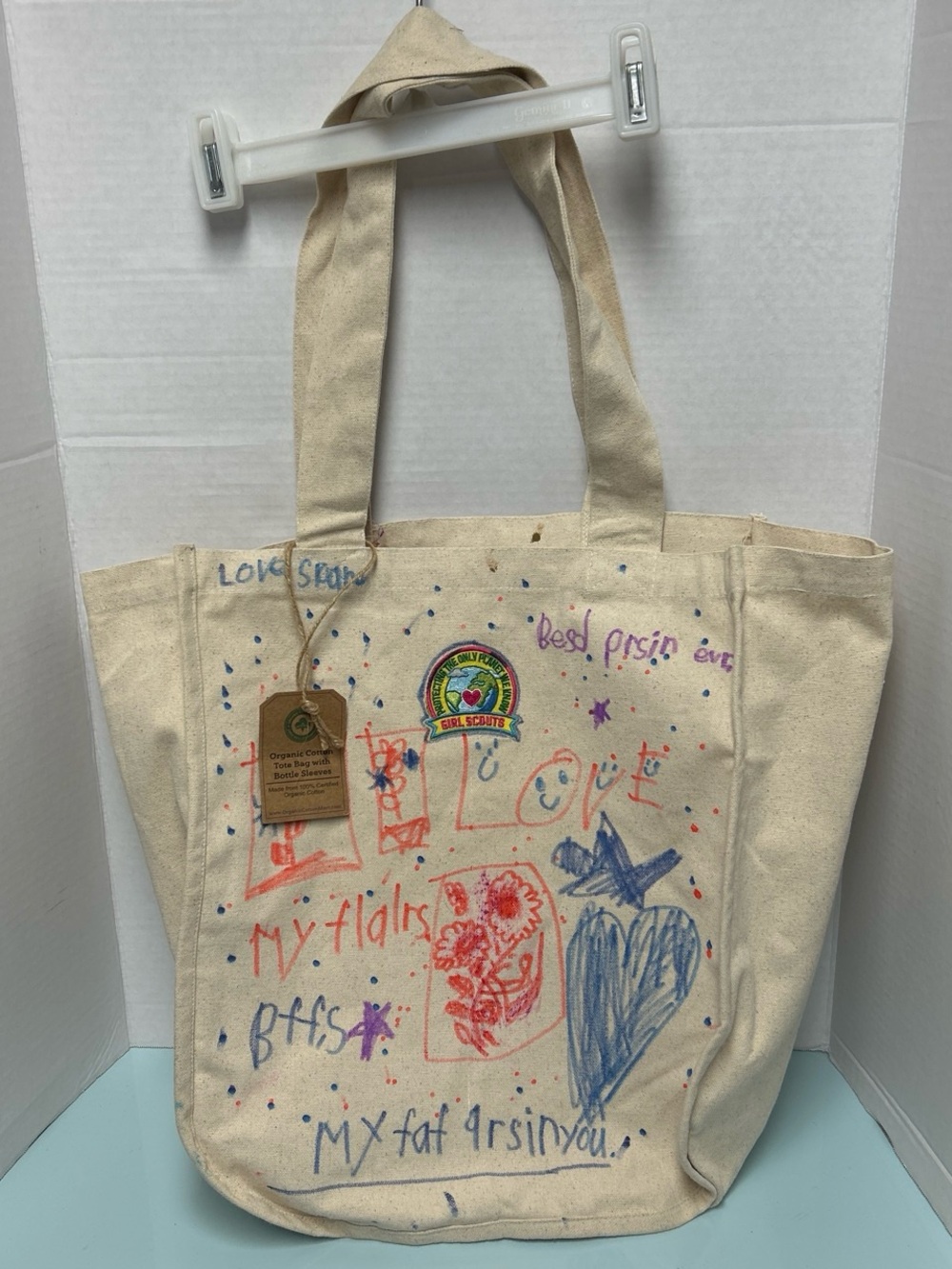 Cream Canvas Tote Bag with Colorful Hand-Drawn Artwork